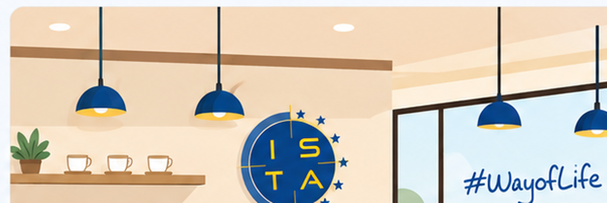 Cafetería Coffee Rush STA: franja ilustrada de arquitectura e identidad
